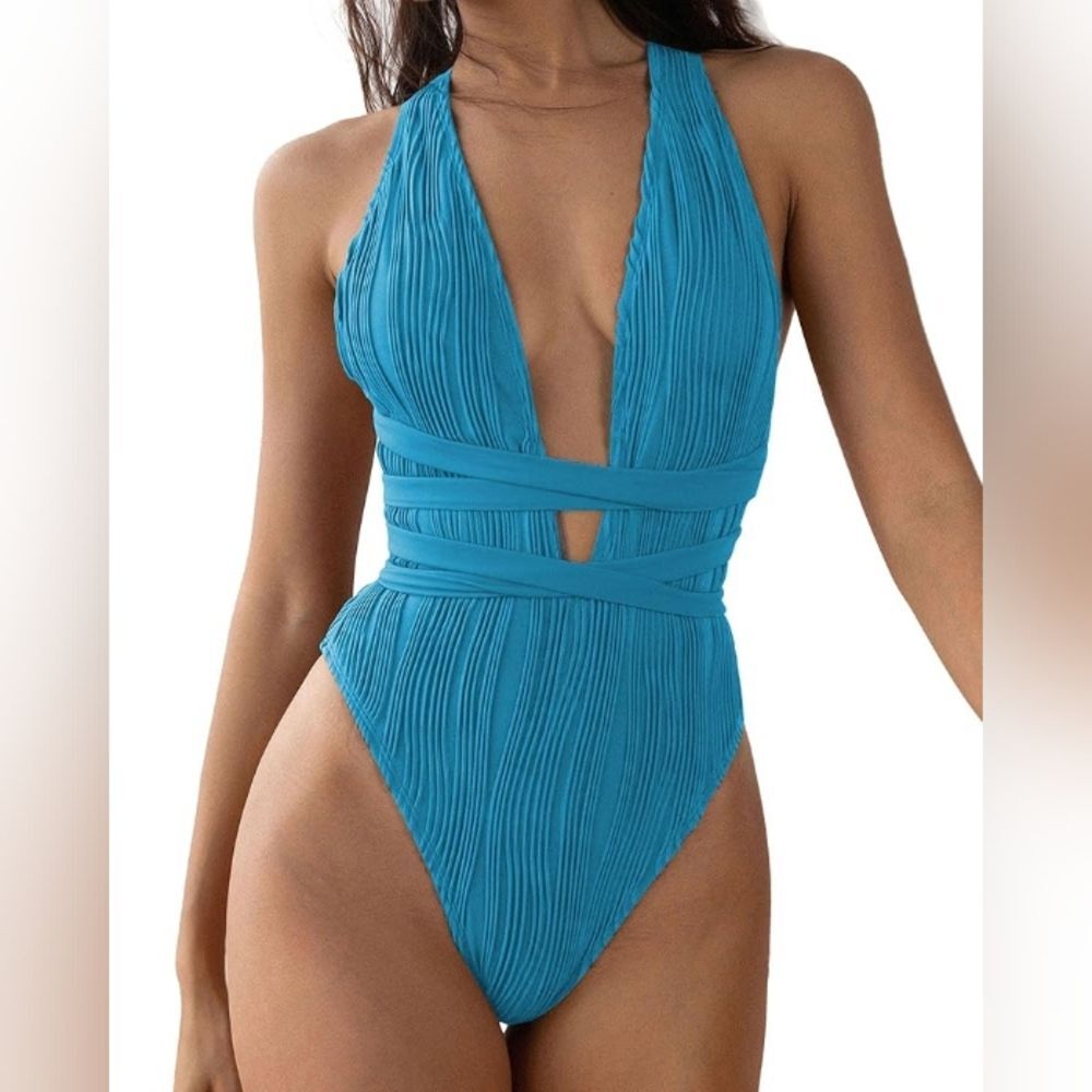 Zaful Teal Plunging Neckline Cross Tie Backless One Piece Swimsuit Size Small